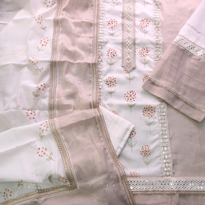 Lahori Cream White Lace Work Neck Pakistani Inspired Chanderi Suit Set D2