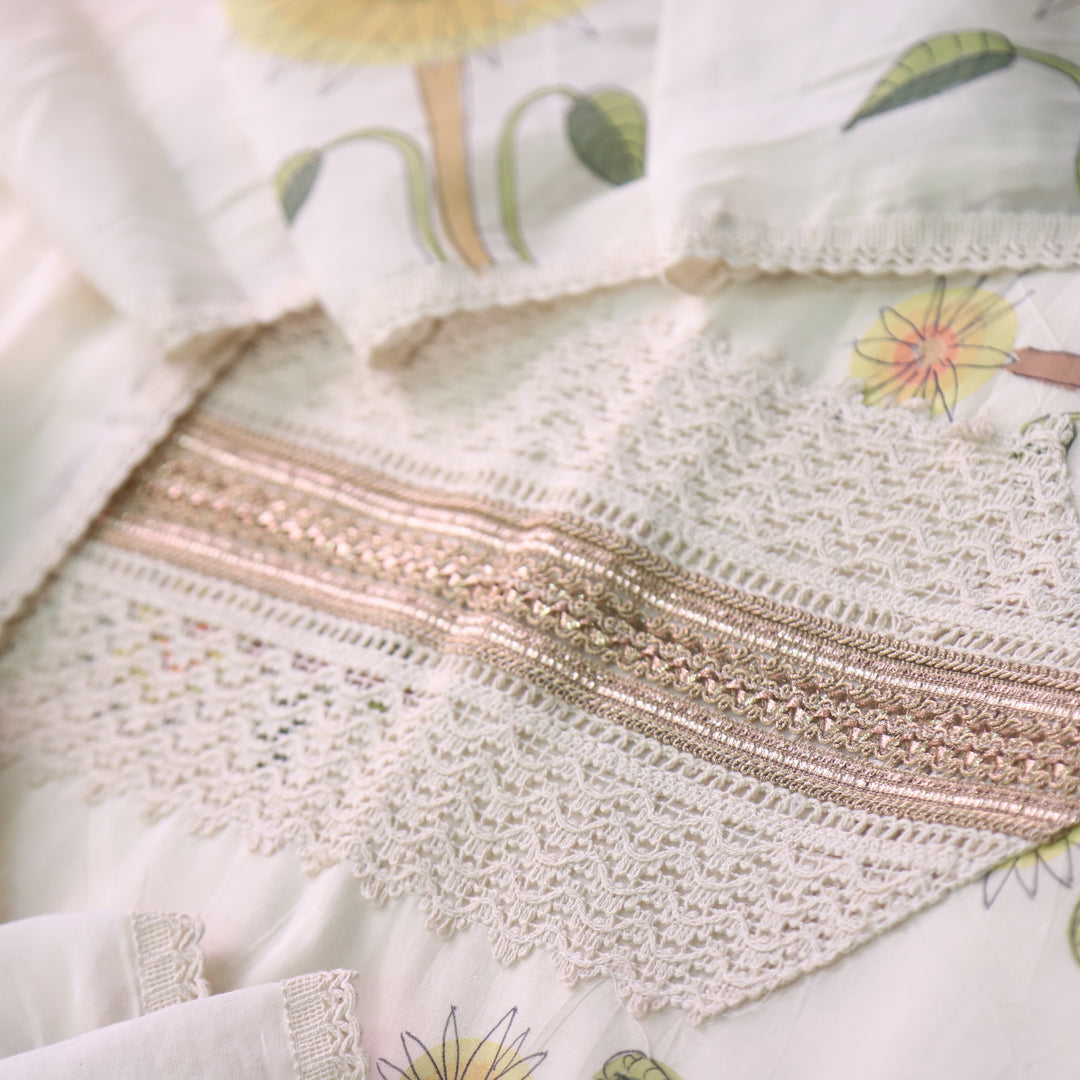 Lahori Cream White Lace Work Printed Pakistani Inspired Cotton Suit Set D3