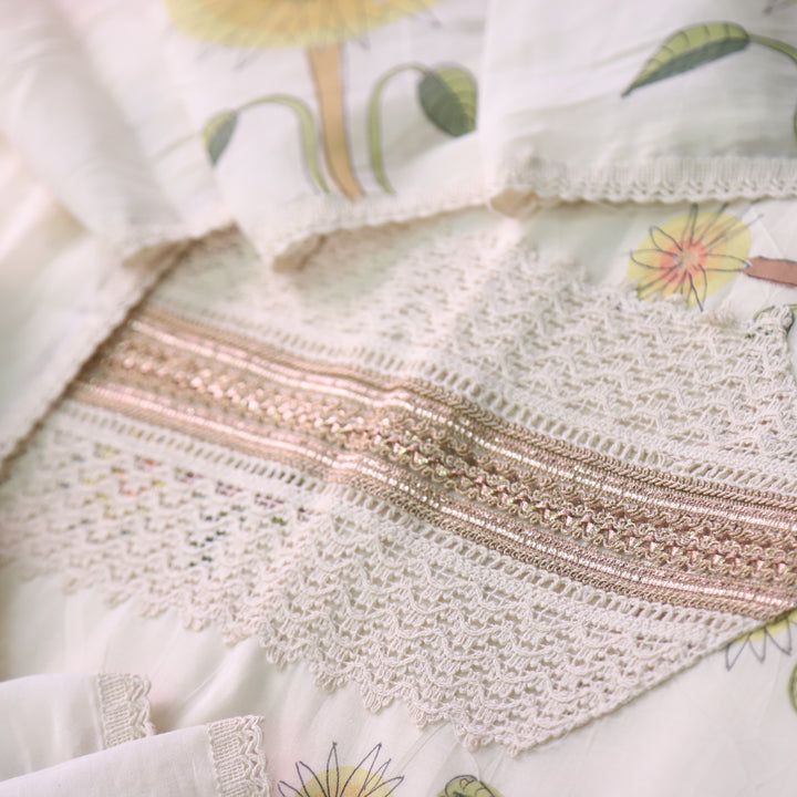 Lahori Cream White Lace Work Printed Pakistani Inspired Cotton Suit Set D3