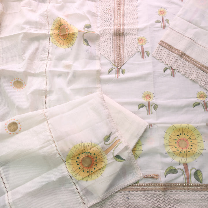 Lahori Cream White Lace Work Printed Pakistani Inspired Cotton Suit Set D3