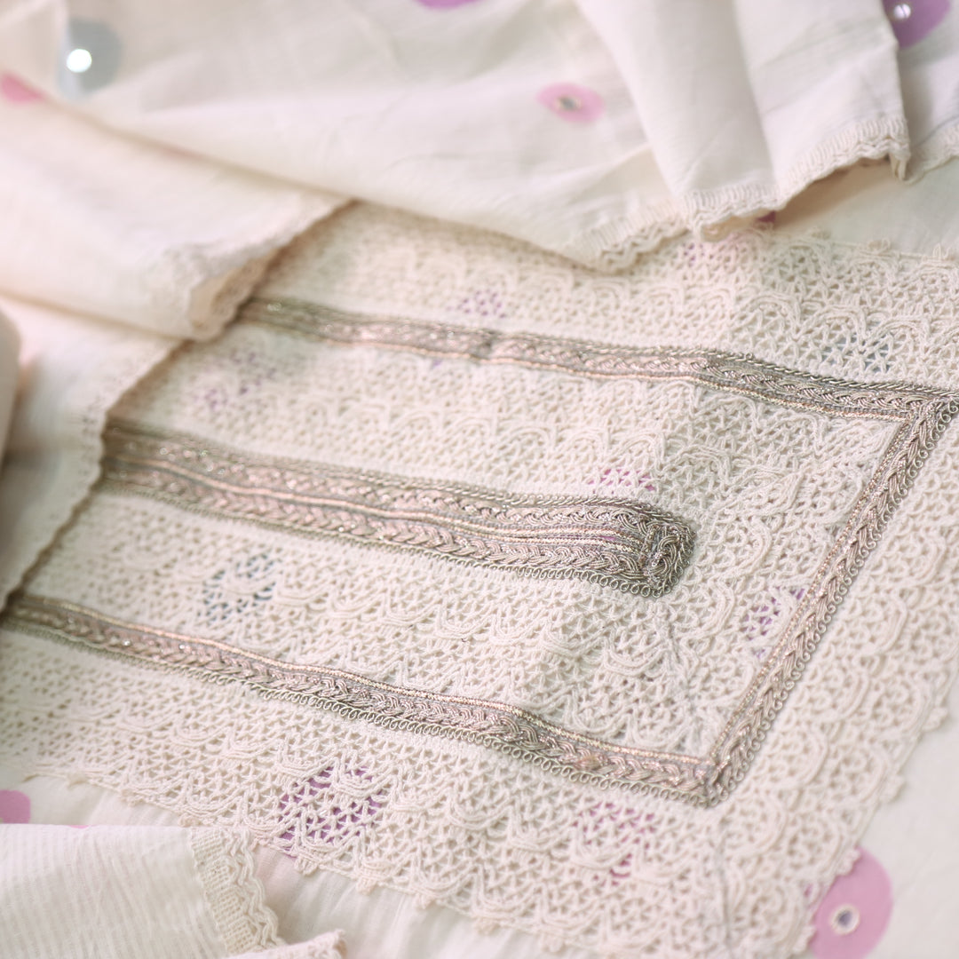 Lahori Cream White Lace Work Printed Pakistani Inspired Cotton Suit Set D1