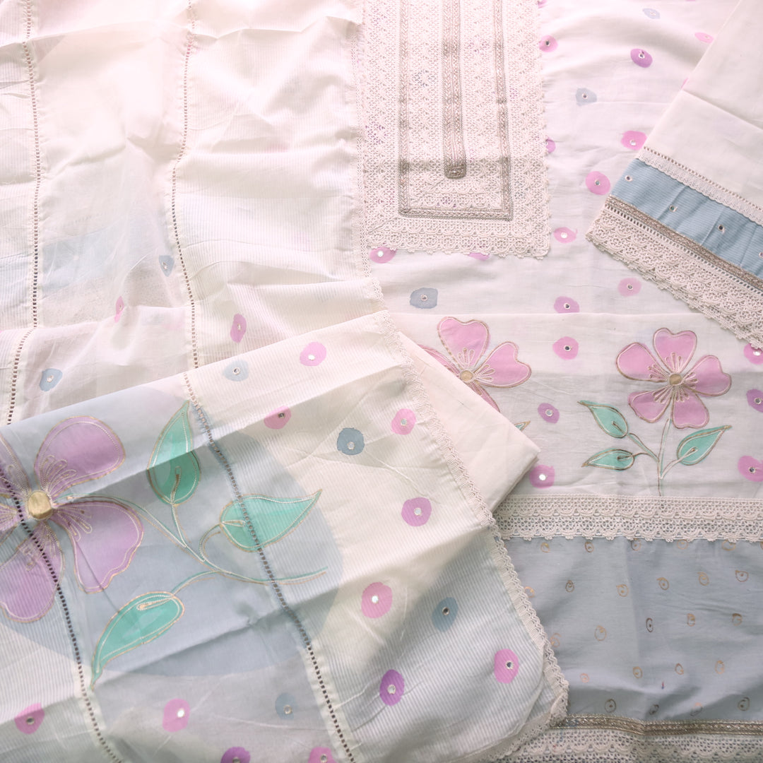 Lahori Cream White Lace Work Printed Pakistani Inspired Cotton Suit Set D1