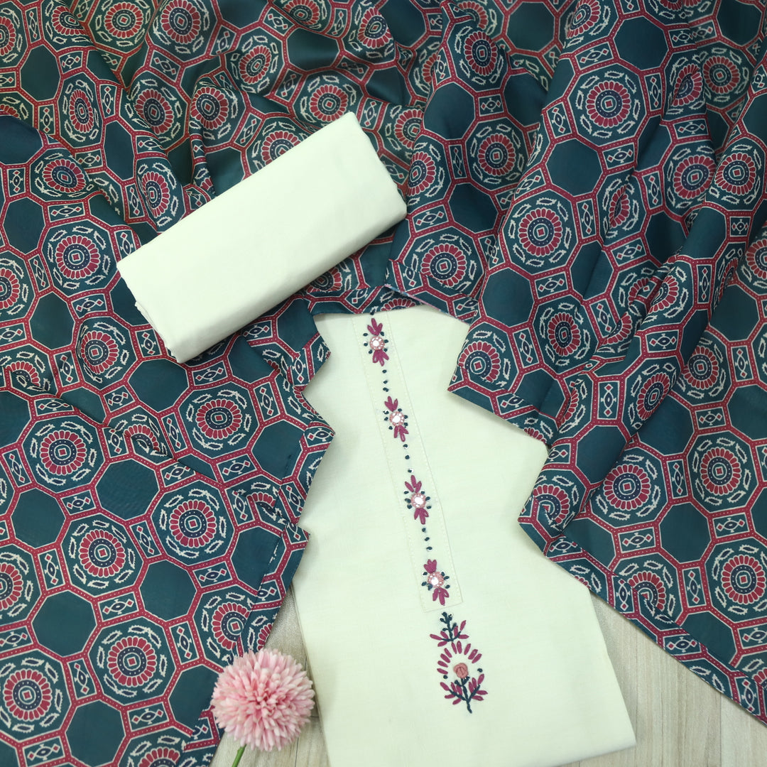 Ehtiyaat Cream with Black Dupatta Thread with Mirror Work Cotton Silk Suit Set