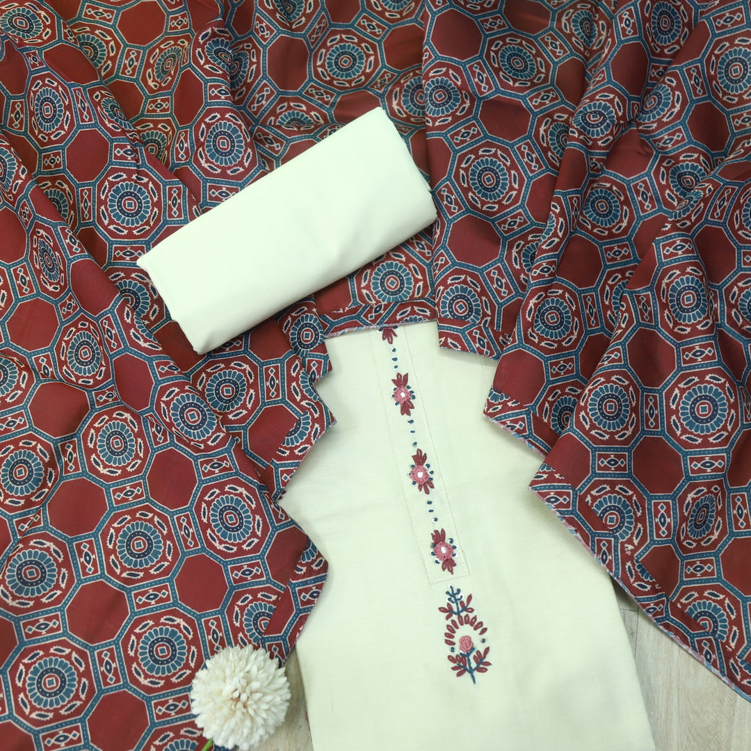 Ehtiyaat Cream with Red Dupatta Thread with Mirror Work Cotton Silk Suit Set
