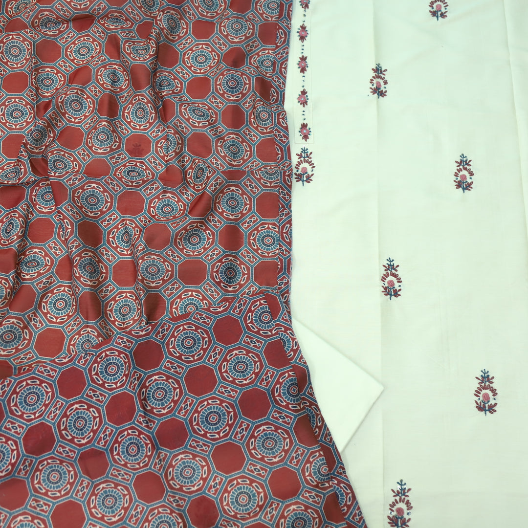 Ehtiyaat Cream with Red Dupatta Thread with Mirror Work Cotton Silk Suit Set