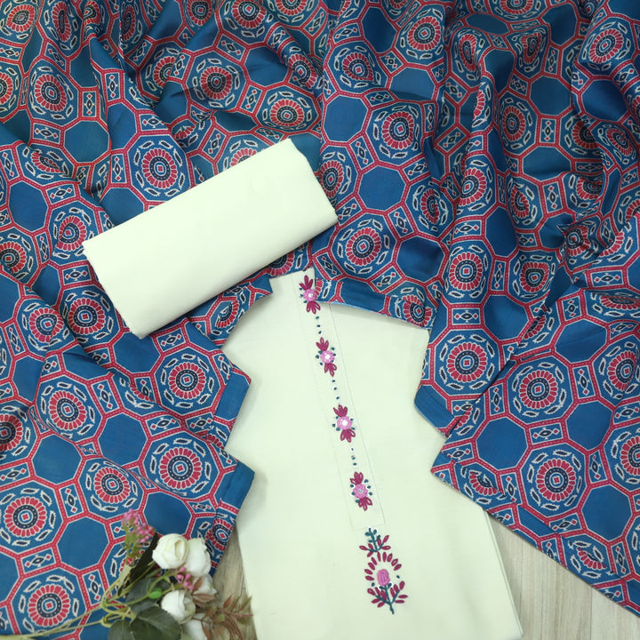 Ehtiyaat Cream with Blue Dupatta Thread with Mirror Work Cotton Silk Suit Set
