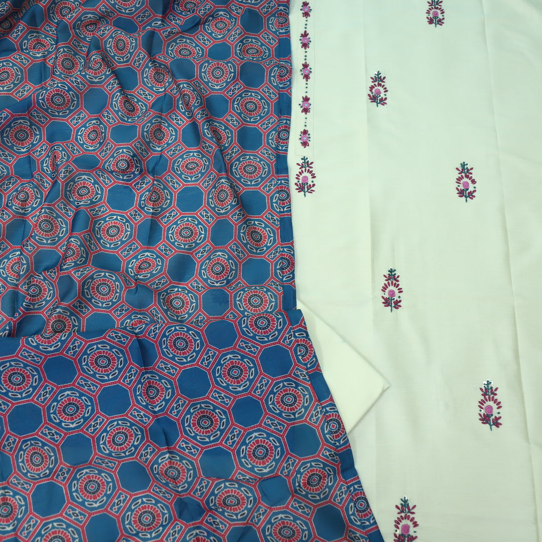 Ehtiyaat Cream with Blue Dupatta Thread with Mirror Work Cotton Silk Suit Set
