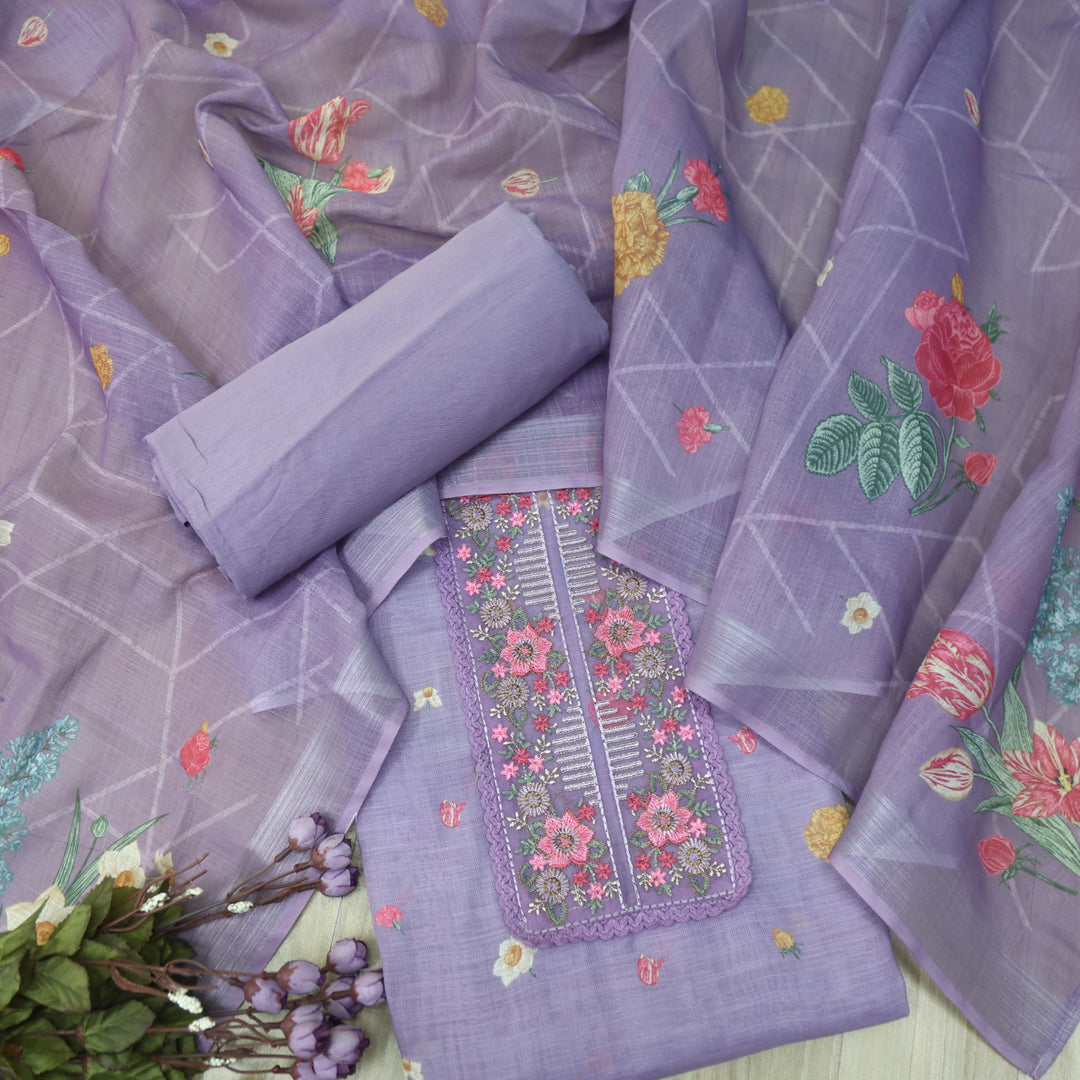 Himayati Lavender Thread Embroidery Patch Work Floral Print Cotton linen suit Set