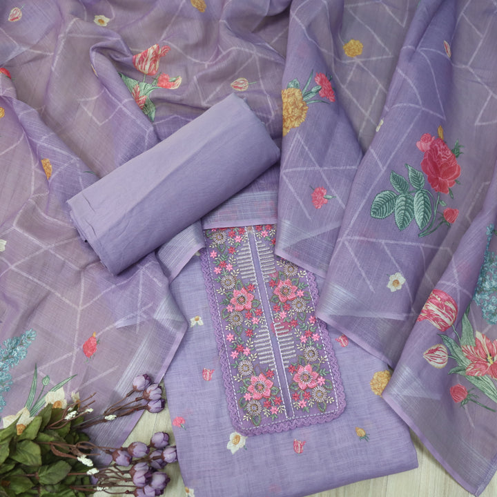 Himayati Lavender Thread Embroidery Patch Work Floral Print Cotton linen suit Set