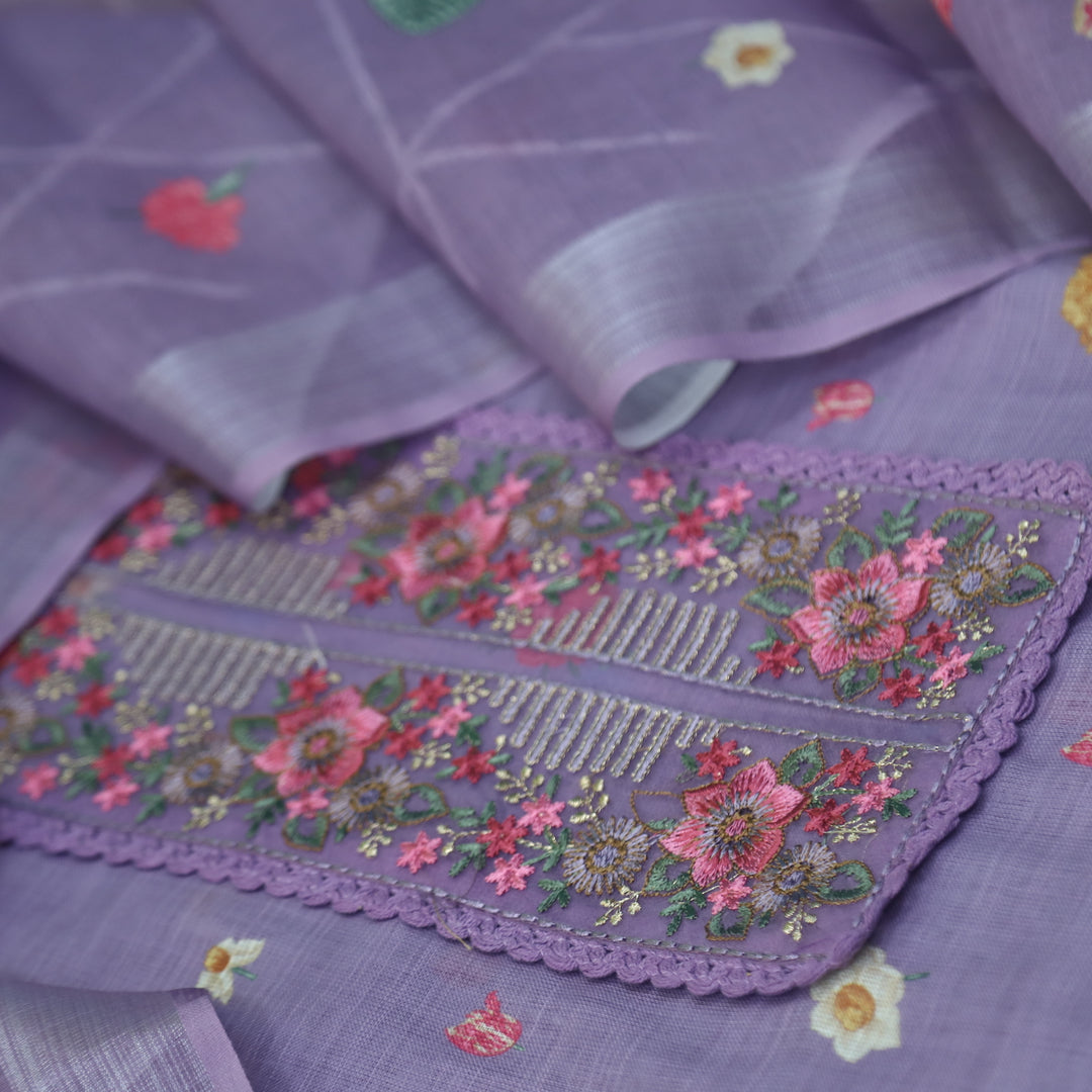 Himayati Lavender Thread Embroidery Patch Work Floral Print Cotton linen suit Set