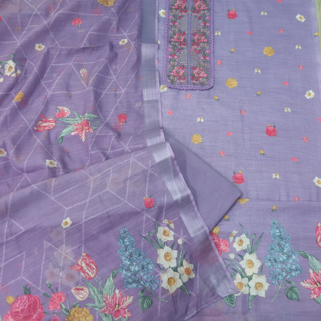 Himayati Lavender Thread Embroidery Patch Work Floral Print Cotton linen suit Set