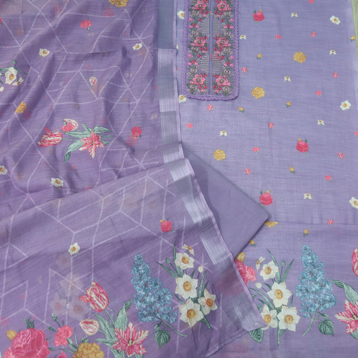 Himayati Lavender Thread Embroidery Patch Work Floral Print Cotton linen suit Set