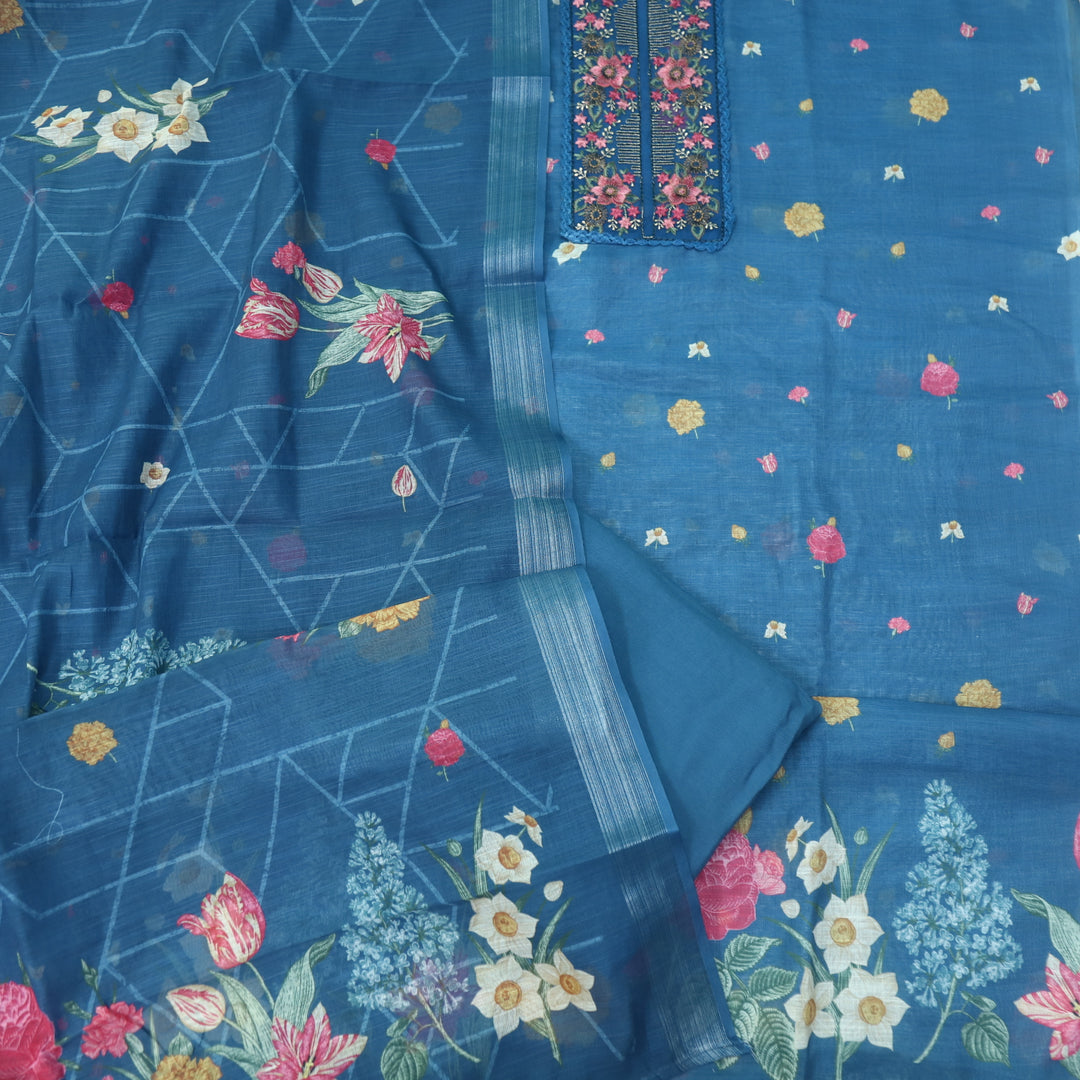 Himayati Denim Blue Thread Embroidery Patch Work Floral Print Cotton linen suit Set
