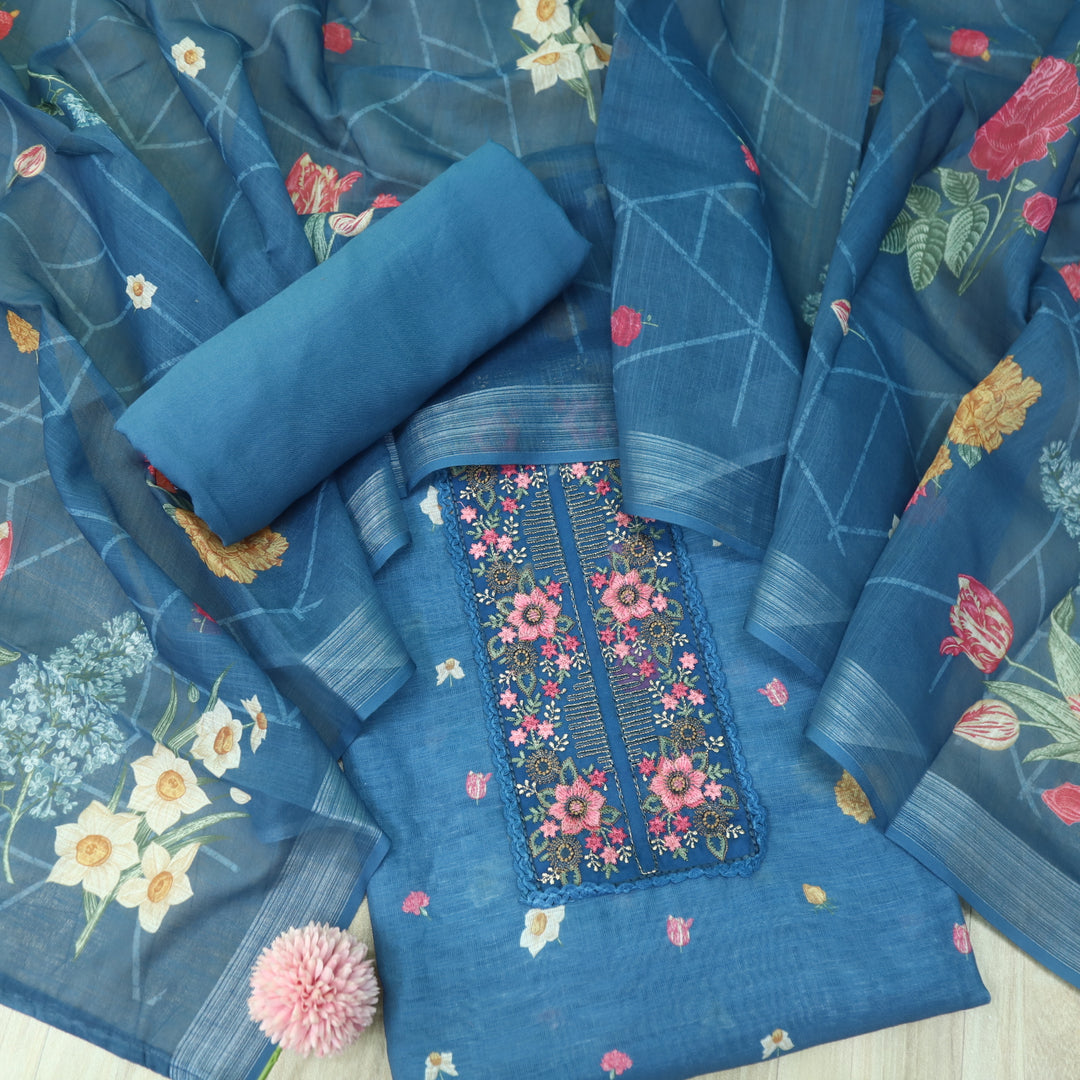 Himayati Denim Blue Thread Embroidery Patch Work Floral Print Cotton linen suit Set