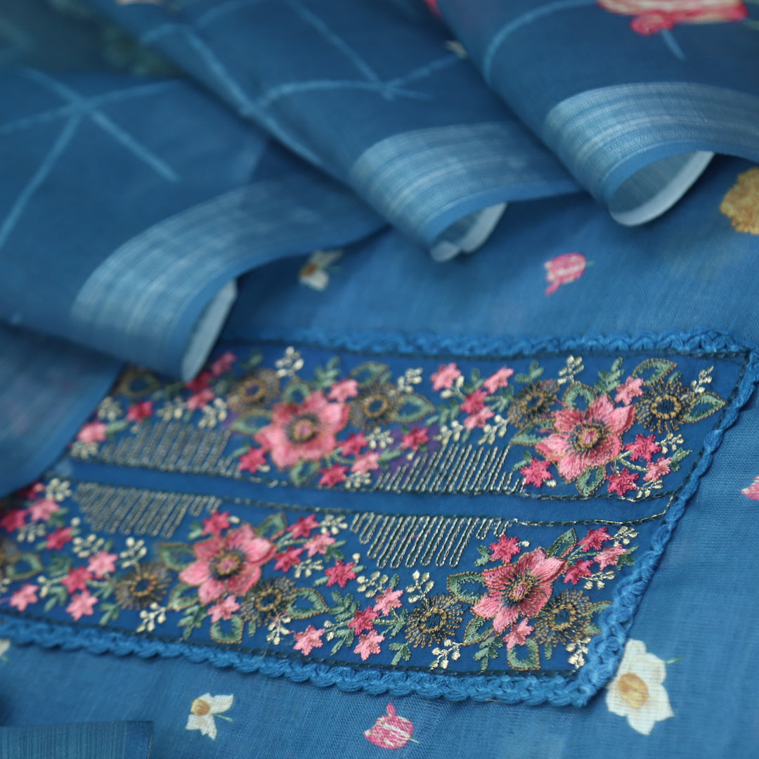 Himayati Denim Blue Thread Embroidery Patch Work Floral Print Cotton linen suit Set
