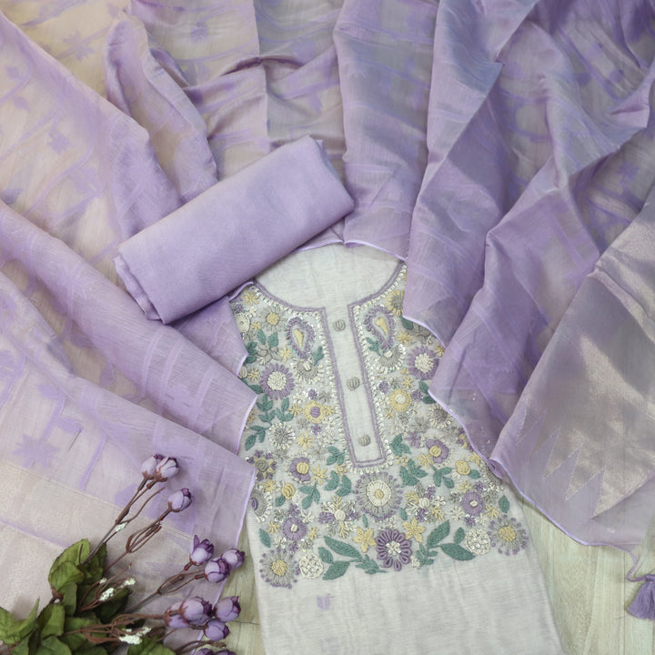 Rabiya Iris Lavender Thread Embroidery Neck Work Jamdani Suit Set