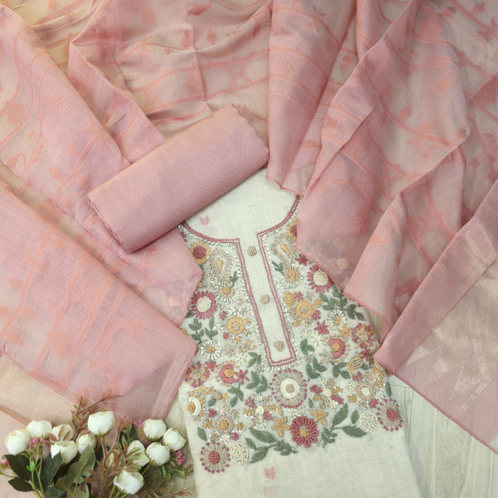Rabiya Flamingo Pink Thread Embroidery Neck Work Jamdani Suit Set