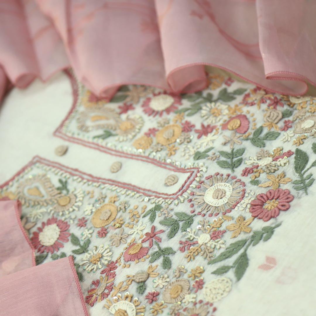 Rabiya Flamingo Pink Thread Embroidery Neck Work Jamdani Suit Set