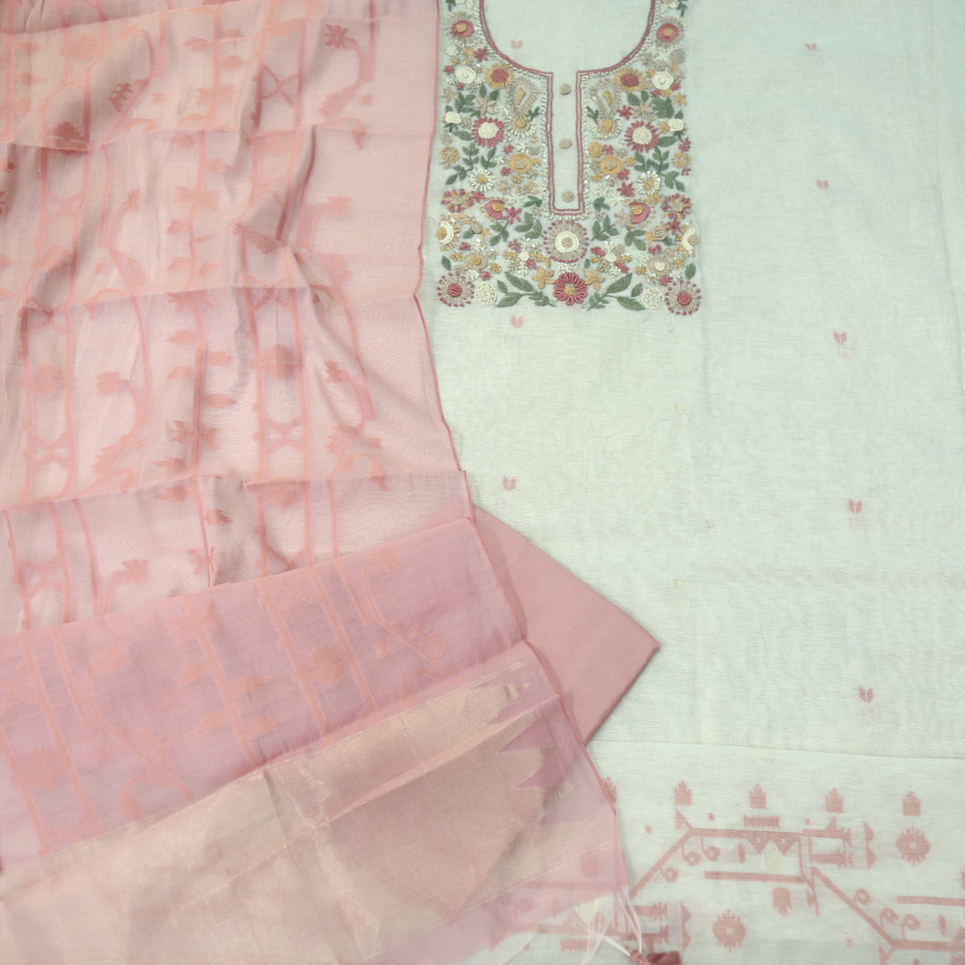 Rabiya Flamingo Pink Thread Embroidery Neck Work Jamdani Suit Set