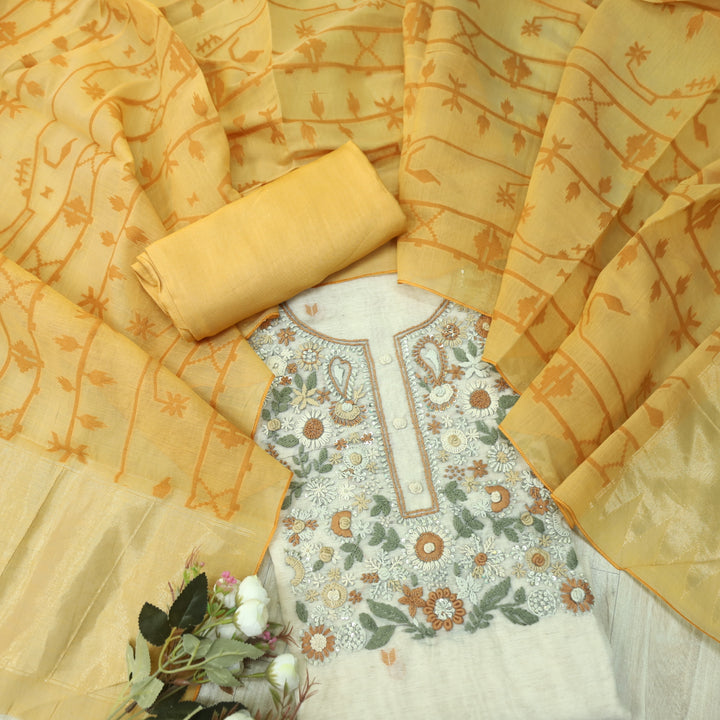Rabiya Honey Orange Thread Embroidery Neck Work Jamdani Suit Set