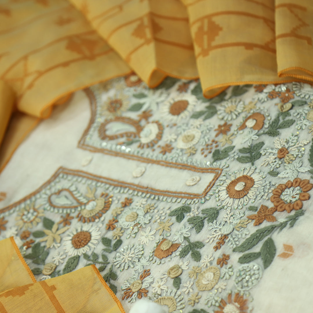Rabiya Honey Orange Thread Embroidery Neck Work Jamdani Suit Set