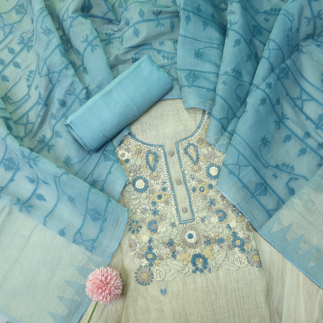 Rabiya Sapphire Blue Thread Embroidery Neck Work Jamdani Suit Set