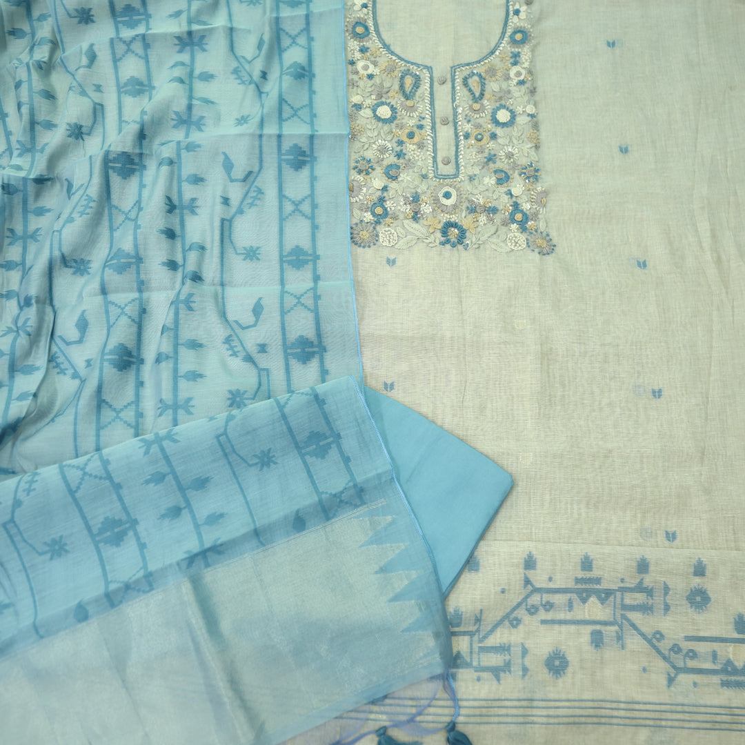 Rabiya Sapphire Blue Thread Embroidery Neck Work Jamdani Suit Set