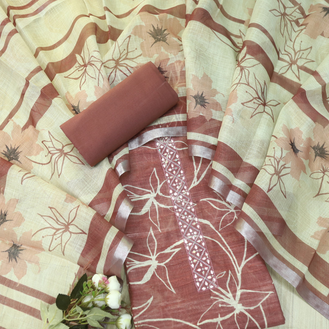 Shiddat Caramel Brown Embellished Neck Patch Printed Cotton Linen Suit Set