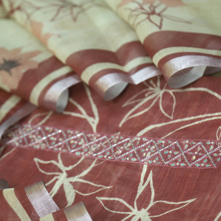 Shiddat Caramel Brown Embellished Neck Patch Printed Cotton Linen Suit Set