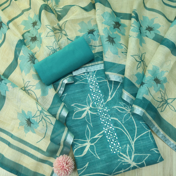 Shiddat Jungle Teal Embellished Neck Patch Printed Cotton Linen Suit Set