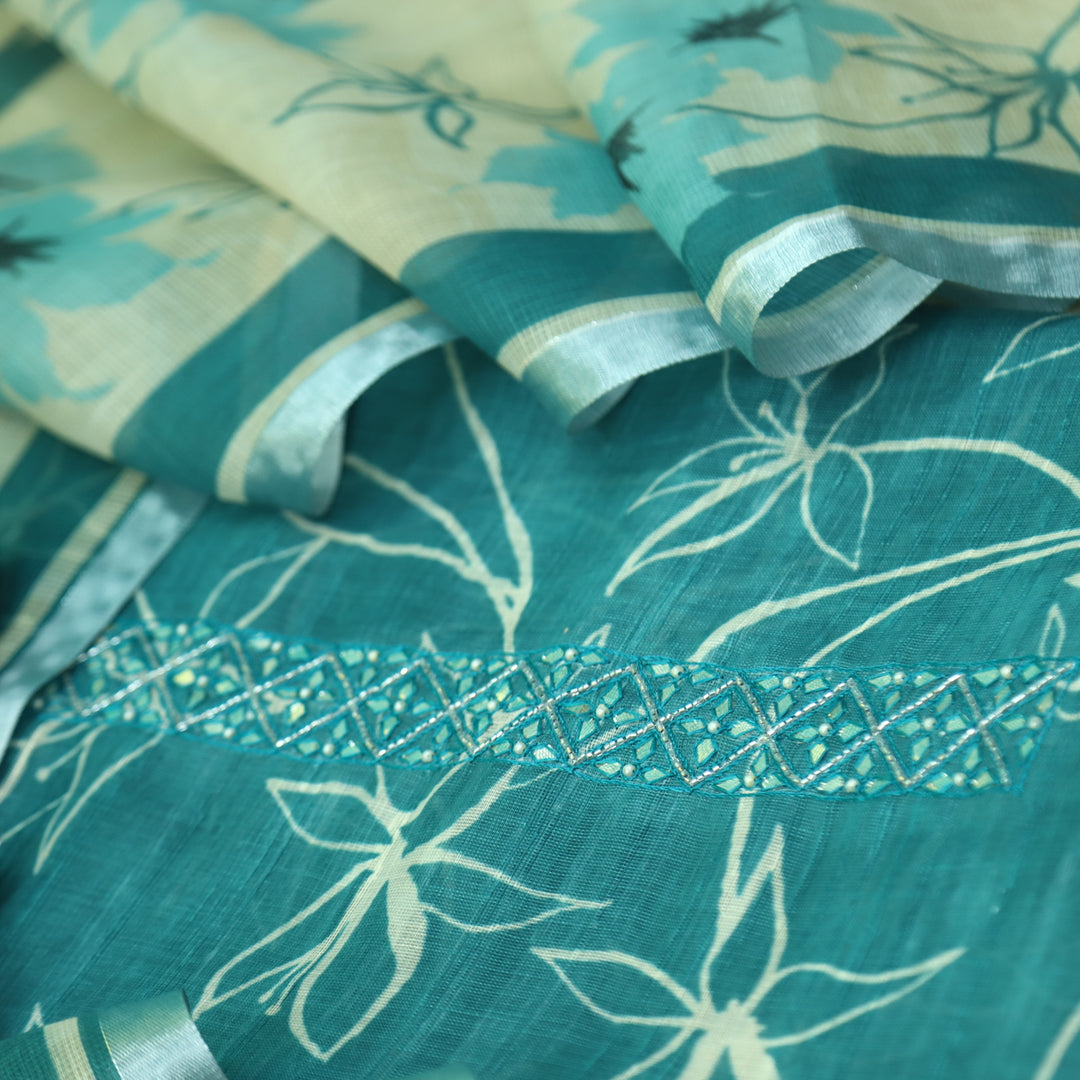 Shiddat Jungle Teal Embellished Neck Patch Printed Cotton Linen Suit Set
