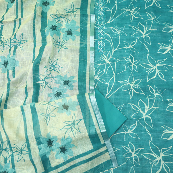 Shiddat Jungle Teal Embellished Neck Patch Printed Cotton Linen Suit Set
