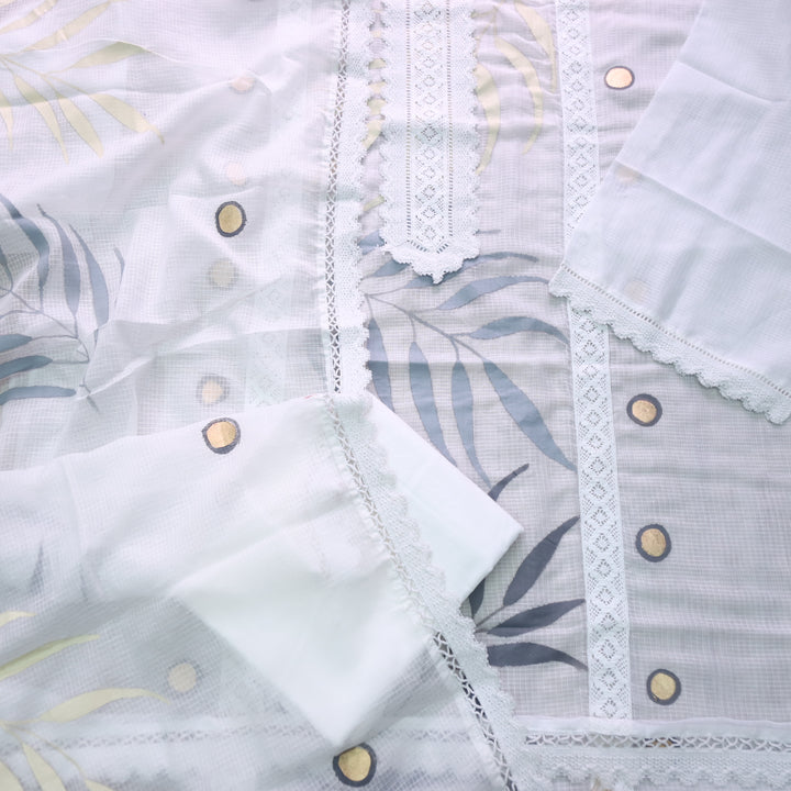 Lahori Pearl White Lace Work Pakistani Inspired Kota Doriya Suit Set-D3