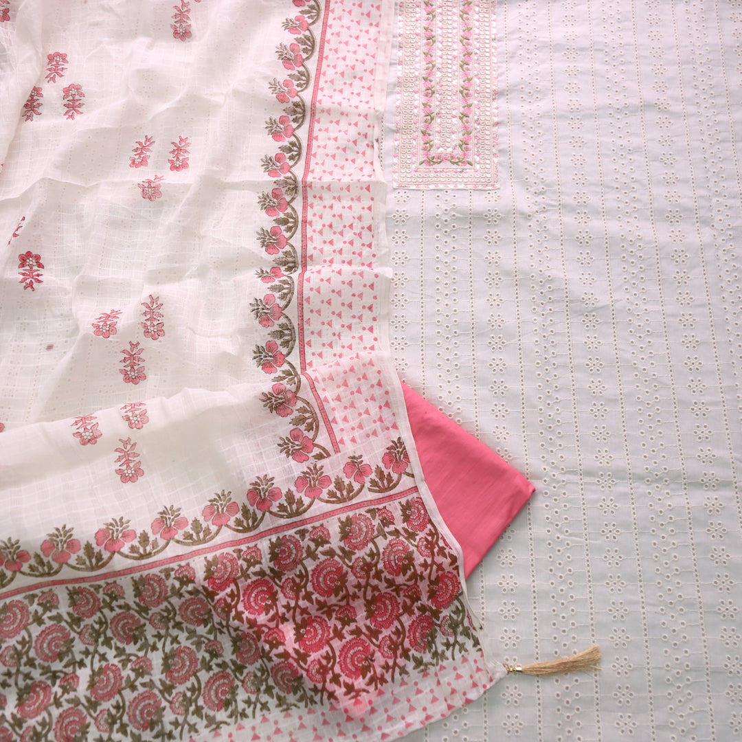 Diwani Cream White Thread Embroidered Neck Work Cotton Schiffli Suit Set