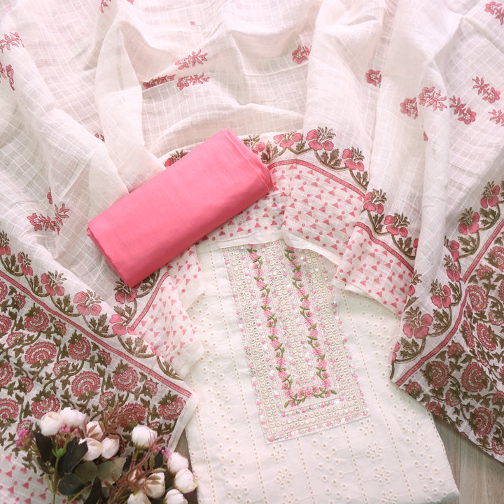 Diwani Cream White Thread Embroidered Neck Work Cotton Schiffli Suit Set