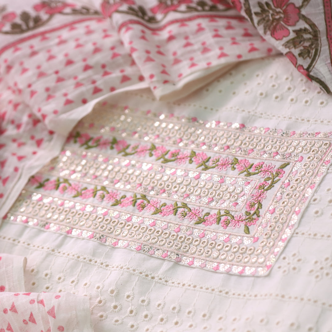 Diwani Cream White Thread Embroidered Neck Work Cotton Schiffli Suit Set