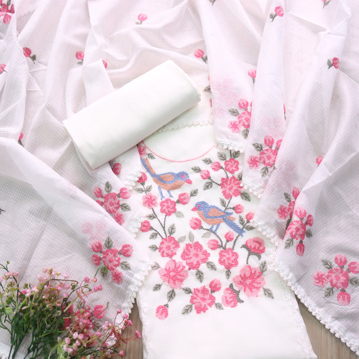 Gulbahar Pearl White Cross-Stitch Thread Neck Work Kota Doriya Suit Set