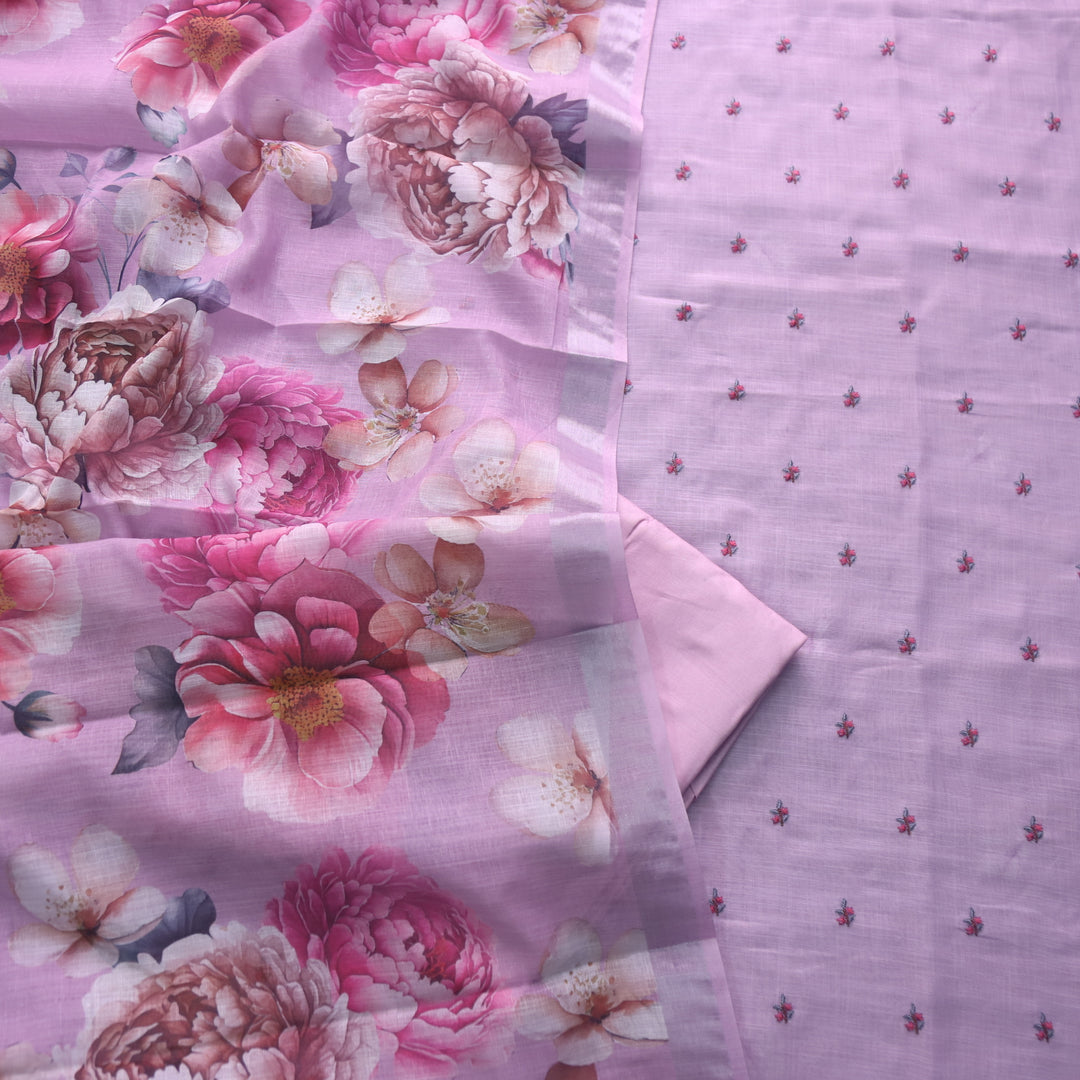 Raabta Iris Purple Floral Embroidery Buti Work Cotton Linen Suit Set
