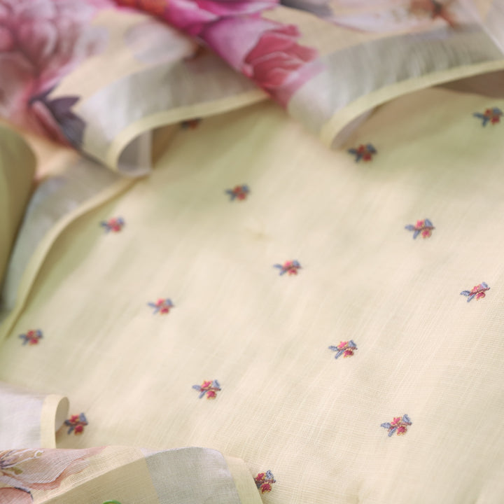 Raabta Pineapple Yellow Floral Embroidery Buti Work Cotton Linen Suit Set