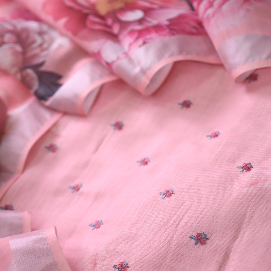 Raabta Soft Pink Floral Embroidery Buti Work Cotton Linen Suit Set