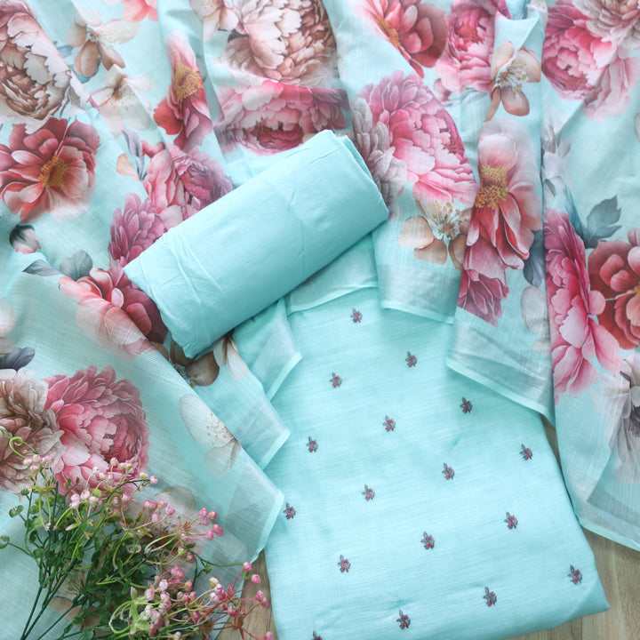 Raabta Aqua Blue Floral Embroidery Buti Work Cotton Linen Suit Set
