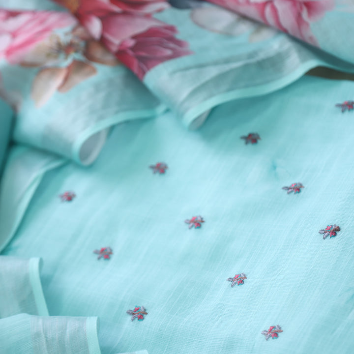 Raabta Aqua Blue Floral Embroidery Buti Work Cotton Linen Suit Set