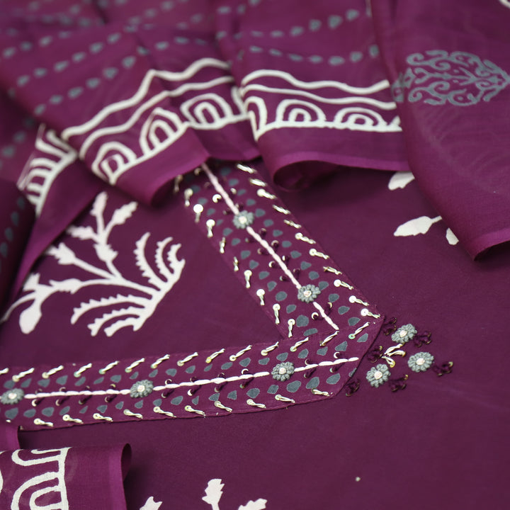 Salaari Berry Purple V Neck Button with Mirror Work Printed Cotton Suit Set