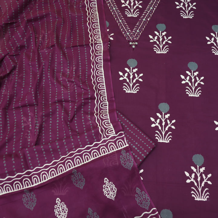 Salaari Berry Purple V Neck Button with Mirror Work Printed Cotton Suit Set