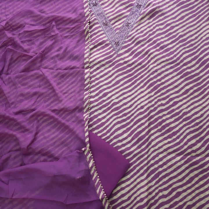 Shabaab Beige with Purple Stripe Printed V Neck Mirror Work Muslin Suit Set