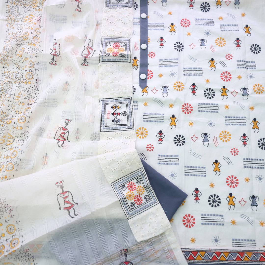 Safar Cream White Thread Work with Button detailing Cotton Suit Set