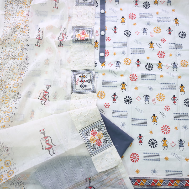 Safar Cream White Thread Work with Button detailing Cotton Suit Set