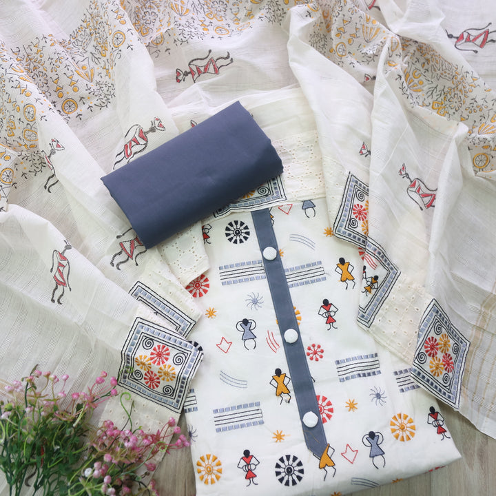 Safar Cream White Thread Work with Button detailing Cotton Suit Set