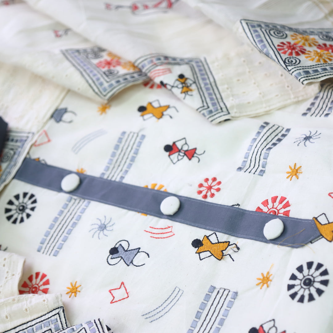 Safar Cream White Thread Work with Button detailing Cotton Suit Set