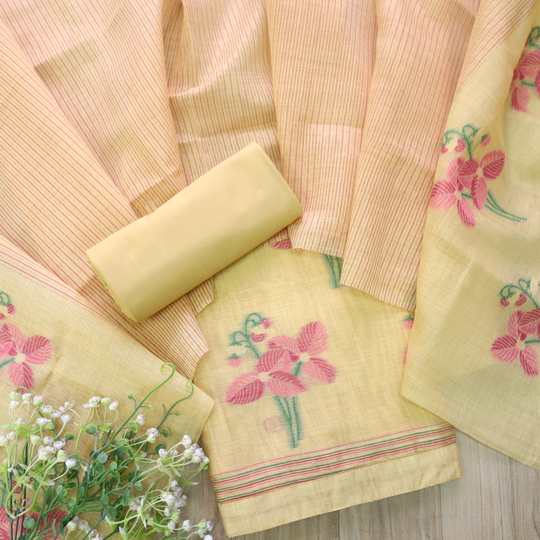Jannat Yellow with Pink Authentic Floral Jamdani Weaved Suit Set